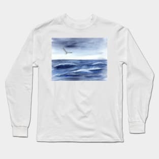 Indigo Ocean Watercolor Mixed Media Long Sleeve T-Shirt